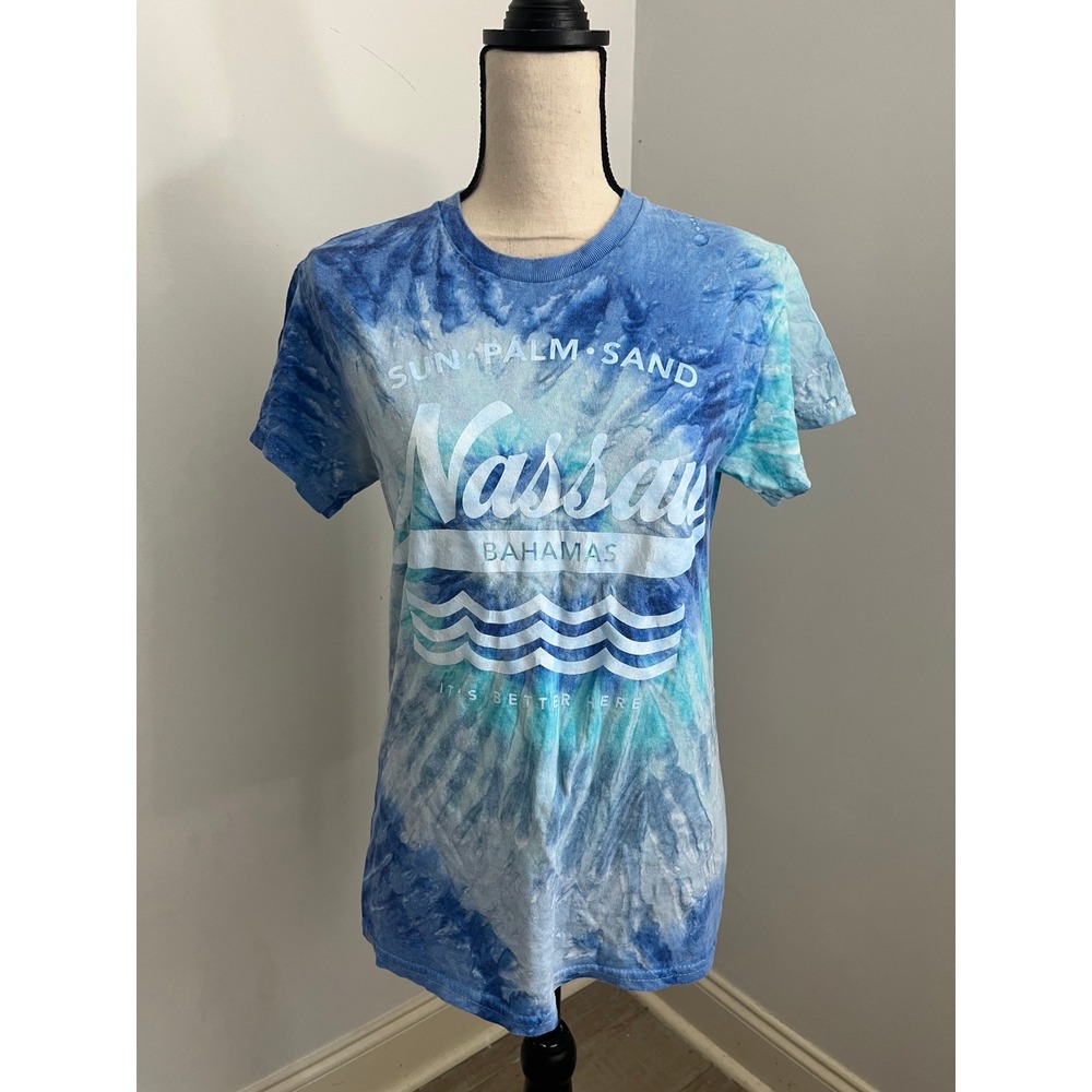 Tie Dye Graphic T-Shirt Small Blue Nassau Bahamas Sun Palm Sand Travel Tee 90s